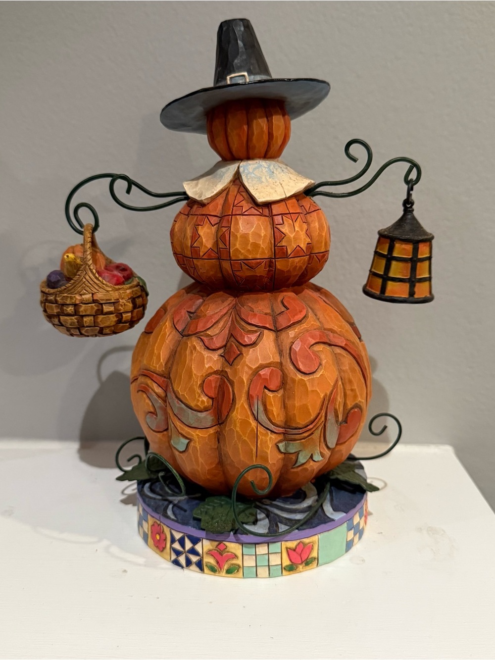 Jim Shore Orange & Black Pumpkin Lantern Figurine with Fruit Basket